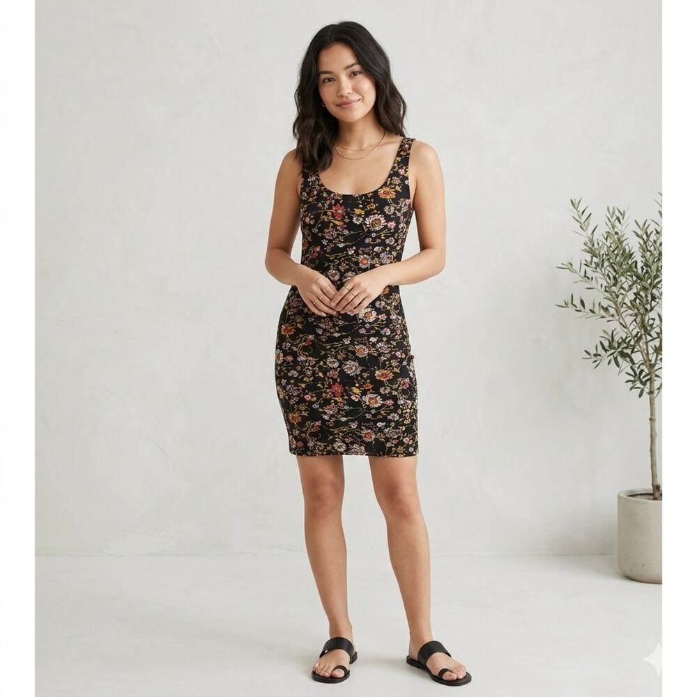 Peruvian Connection Dress Small Black Floral Pima Cotton Blend Sleeveless